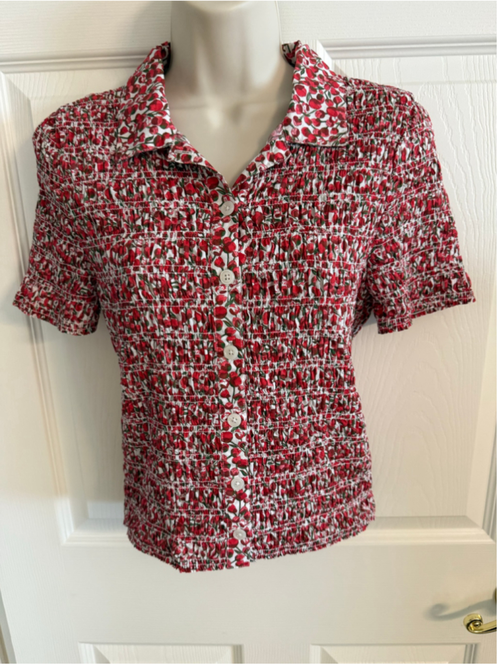J.Crew Size M Smocked Button Up Shirt Liberty Eliza's Red Floral Blouse EUC